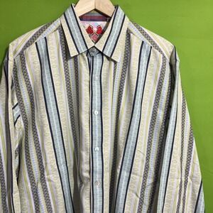 Robert Graham Shirt Mens XL Yellow Blue Striped Button Front Long Sleeve